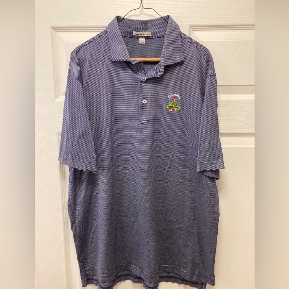 Peter Millar US Open Merion 2013 Polo Shirt Mens Large Blue Striped Short Sleeve